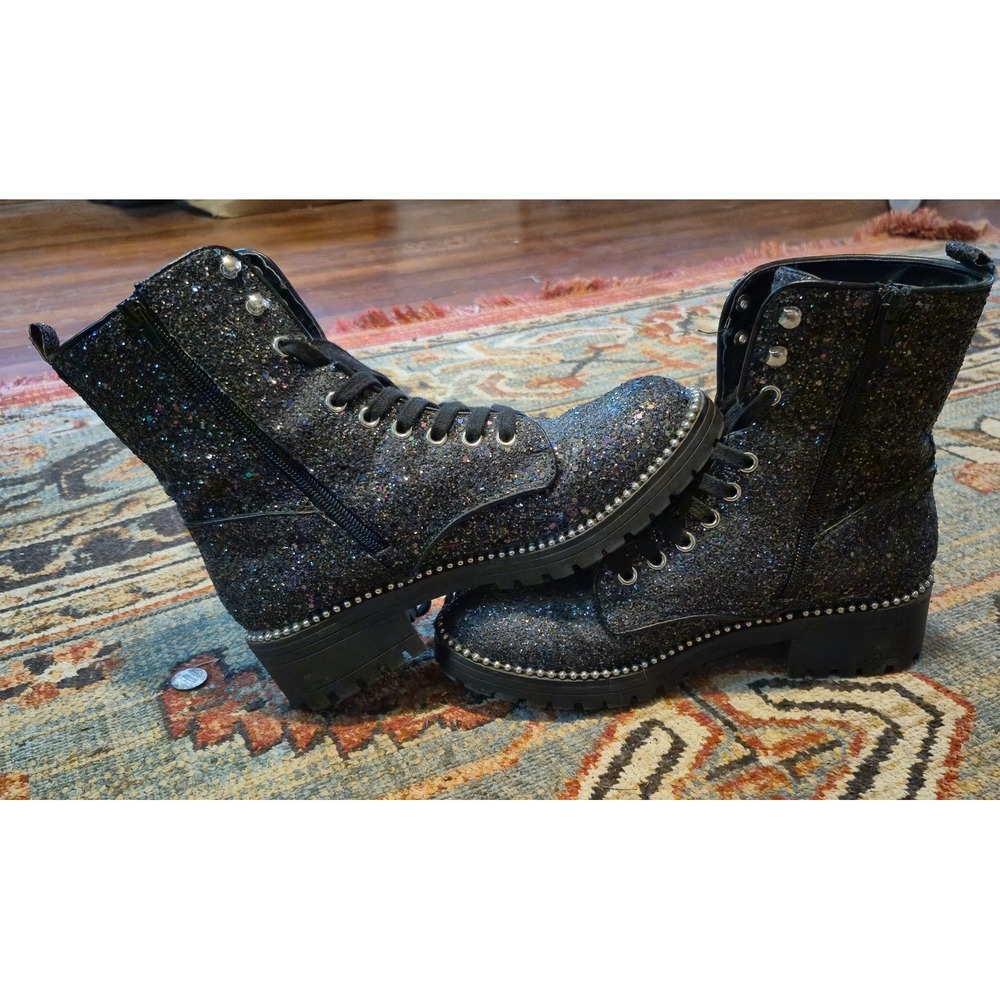 Portland Boot Company‎ Private Black Glitter Combat Boots Studded Lug 7.5M